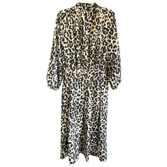 Calvin Klein Leopard Print Midi Dress Neck TIe Empire Waist Dress Mock Neck - Picture 5 of 6